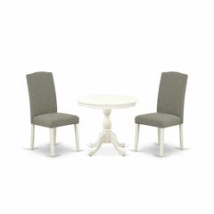AMEN3-LWH-06 3 Piece Dining Set - 1 Pedestal Table and 2 Dark Shitake Dining Room Chair - Linen White Finish