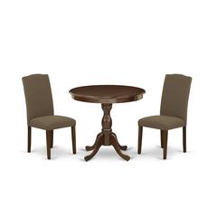 AMEN3-MAH-18 3 Piece Dining Table Set - 1 Pedestal Table and 2 Dark Coffee Dining Chairs - Mahogany Finish