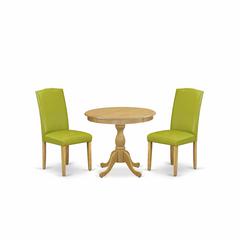 AMEN3-OAK-51 3 Piece Wooden Dining Table Set - 1 Pedestal Table and 2 Autumn Green Parsons Chair - Oak Finish