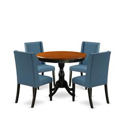 East West Furniture 5-Piece Wooden Dining Set Consists of a Kitchen Dining Table and 4 Blue Linen Fabric Dining Room Chairs with High Back - Black Finish