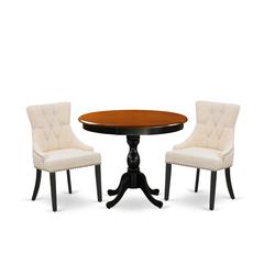 East West Furniture 3-Pc Dining Table Set Consists of a Kitchen Table and 2 Light Beige Linen Fabric Upholstered Chairs with Button Tufted Back - Black Finish