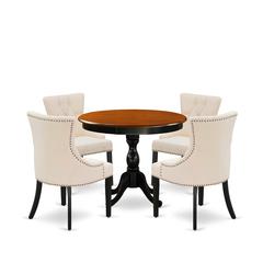 East West Furniture 5-Piece Round Dining Table Set Contains a Dining Room Table and 4 Light Beige Linen Fabric Dining Chairs with Button Tufted Back - Black Finish