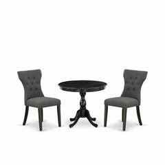 East West Furniture 3 Piece Dining Set Contains 1 Dining Table and 2 Dark Gotham Grey Linen Fabric Dining Chairs Button Tufted Back with Nail Heads - Wire Brushed Black Finish