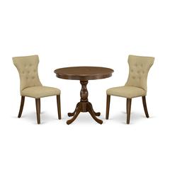 East West Furniture 3 Piece Dinning Room Table Set Contains 1 Dining Table and 2 Brown Linen Fabric Parson Dining Chairs Button Tufted Back with Nail Heads - Acacia Walnut Finish