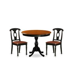 East West Furniture 3-Piece Table Set Contains a Dinner Table and 2 Faux Leather Mid Century Chairs with Napoleon Back - Black Finish