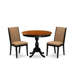 East West Furniture 3-Pc Dining Room Table Set Consists of a Dining Table and 2 Light Sable Linen Fabric Parsons Chairs with High Back - Black Finish