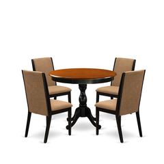 East West Furniture 5-Piece Dinning Room Set Contains a Round Dining Table and 4 Light Sable Linen Fabric Upholstered Dining Chairs with High Back - Black Finish