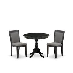 East West Furniture 3-Piece Dining Set Consists of a Round Pedestal Table with Drop Leaves and 2 Dark Gotham Grey Linen Fabric Dining Chairs - Wire Brushed Black Finish
