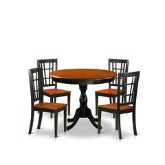 East West Furniture 5-Piece Dining Room Set Include a Wood Table and 4 Dining Chairs with Slatted Back - Black Finish