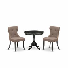 East West Furniture 3 Piece Dining Table Set Contains 1 Dining Room Table and 2 Coffee Linen Fabric Dining Chairs Button Tufted Back with Nail Heads - Wire Brushed Black Finish