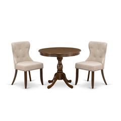 East West Furniture 3 Piece Dining Room Table Set Consists of 1 Dining Table and 2 Light Tan Linen Fabric Kitchen Chair Button Tufted Back with Nail Heads - Acacia Walnut Finish