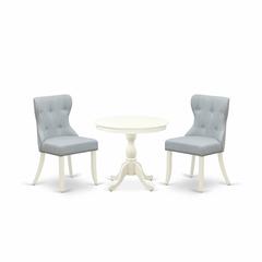 AMSI3-LWH-15 3 Piece Dining Table Set - 1 Pedestal Table and 2 Baby Blue parson chairs - Linen White Finish
