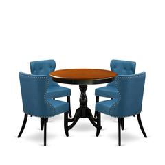 East West Furniture 5-Piece Dining Table Set Contains a Mid Century Dining Table and 4 Blue Linen Fabric Midcentury Modern Dining Chairs with Button Tufted Back - Black Finish