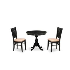 East West Furniture 3-Pc Modern Dining Table Set- 2 Wood Dining Chair and Dining Room Table - Linen Fabric Seat and Slatted Chair Back (Black Finish)