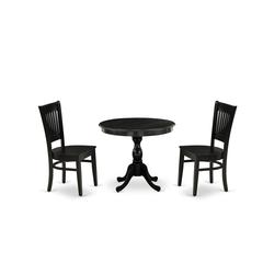 East West Furniture 3-Pc Dinette Room Set- 2 Modern Dining Room Chair and Kitchen Dining Table - Wooden Seat and Slatted Chair Back (Black Finish)