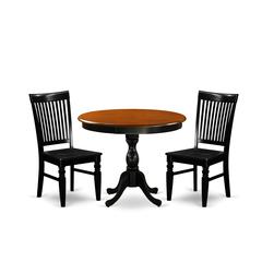 East West Furniture 3-Piece Dining Set Consist of Dinning Table and 2 Dining Chairs with Slatted Back - Black Finish