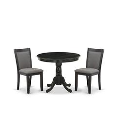 East West Furniture 3-Piece Dinette Room Set Consists of a Wooden Dining Table and 2 Dark Gotham Grey Linen Fabric Upholstered Dining Chairs - Wire Brushed Black Finish