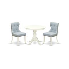ANSI3-LWH-15 - A dining set of 2 fantastic indoor dining chairs with Linen Fabric Baby Blue color and a gorgeous 36-Inch Antique modern dining table with Linen White color