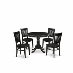 East West Furniture 5-Pc Dining Room Table Set- 4 dining room chairs and Dining Room Table - Wooden Seat and Slatted Chair Back (Black Finish)