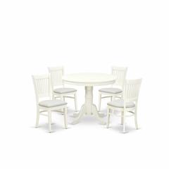 East West Furniture 5-Piece Dining Table Set- 4 dining room chairs and Wooden Dining Table - Linen Fabric Seat and Slatted Chair Back (Linen White Finish)