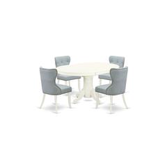 East-West Furniture AVSI5-LWH-15 - A dining room table set of 4 excellent parson chairs with Linen Fabric Baby Blue color and a gorgeous 18" butterfly leaf oval pedestal kitchen table with Linen White