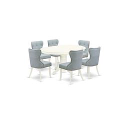 East-West Furniture AVSI7-LWH-15 - A dining set of 6 great dining room chairs with Linen Fabric Baby Blue color and a fantastic 18" butterfly leaf oval wooden dining table with Linen White color