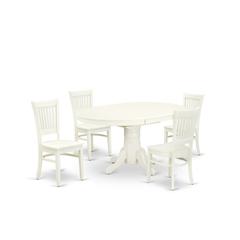 East West Furniture - AVVA5-LWH-W - 5-Piece Modern Dining Set- 4 Mid Century Chair with Wooden Seat and Slatted Chair Back - Butterfly Leaf Oval Dining Table - Linen White Finish
