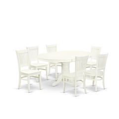 East West Furniture - AVVA7-LWH-W - 7-Piece Kitchen Table Set- 6 Modern Dining Chairs with Wooden Seat and Slatted Chair Back - Butterfly Leaf Kitchen Dining Table - Linen White Finish