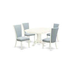 East-West Furniture AVVE5-LWH-15 - A dining room table set of 4 wonderful parson dining chairs with Linen Fabric Baby Blue color and a gorgeous 18" butterfly leaf oval dining table with Linen White co