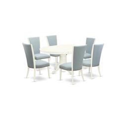 East-West Furniture AVVE7-LWH-15 - A dinette set of 6 wonderful kitchen dining chairs with Linen Fabric Baby Blue color and a wonderful 18" butterfly leaf oval dining room table with Linen White color