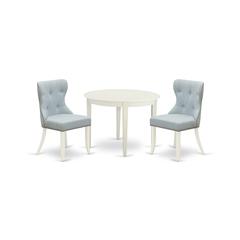 East-West Furniture BOSI3-WHI-15 - A kitchen table set of 2 wonderful kitchen chairs with Linen Fabric Baby Blue color and a lovely dinner table with Linen White color
