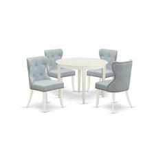 East-West Furniture BOSI5-WHI-15 - A wooden dining table set of 4 wonderful dining room chairs with Linen Fabric Baby Blue color and a gorgeous wooden dining table with Linen White color