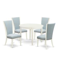 East-West Furniture BOVE5-WHI-15 - A dining room table set of 4 excellent kitchen dining chairs with Linen Fabric Baby Blue color and a gorgeous round dining table with Linen White color