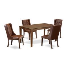East West Furniture CAFO5-MAH-46 5-Pc Dining Room Set Includes 1 Rectangular Dining Table and 4 Brown Linen Fabric Kitchen Chairs with Button Tufted Back - Mahogany Finish