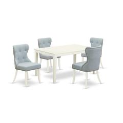 East-West Furniture CASI5-LWH-15 - A dining room table set of 4 amazing kitchen dining chairs with Linen Fabric Baby Blue color and a beautiful mid-century dining table with Linen White color
