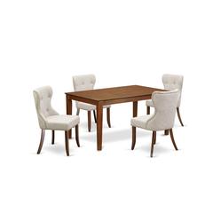 East-West Furniture CASI5-MAH-35 - A modern dining table set of 4 fantastic kitchen dining chairs with Linen Fabric Doeskin color and an attractive wood kitchen table in Mahogany Finish