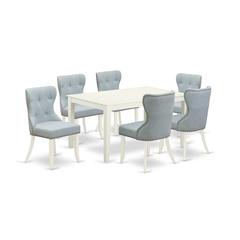 East-West Furniture CASI7-LWH-15 - A dining set of 6 fantastic dining chairs with Linen Fabric Baby Blue color and a lovely dinner table with Linen White color