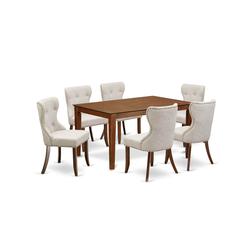 East-West Furniture CASI7-MAH-35 - A dining table set of 6 great parson chairs with Linen Fabric Doeskin color and an attractive wood table in Mahogany Finish