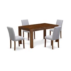 CNAB5-N8-05 - 5-Pc Modern Dining Table Set- 4 Dining Chairs and Wood Dining Table - Grey Linen Fabric Seat and High Chair Back (Antique Walnut Finish)