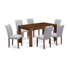 7 Piece Dining Table Set Consist of a Rectangle Rustic Wood Kitchen Table and 6 Grey Linen Fabric Upholstered Parson Chairs, 36x60 Inch, Natural Walnut