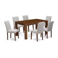 East West Furniture CNAB7-NN-35 7Pc Wood Dining Table Set Consists of a Wood Table and 6 Parsons Dining Room Chairs with Doeskin Color Linen Fabric, Medium Size Table with Full Back Chairs, Sand Blast