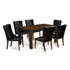 East West Furniture CNFO7-77-49 7-Pc Kitchen Room Table Set 6 Black Linen Fabric Dining Chairs with Button Tufted and 1 Stunning Kitchen Table - Distressed Jacobean Finish