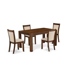 East West Furniture 5-Piece Dinner Table Set Include A Wood Table and 4 Light Beige Linen Fabric Upholstered Chairs with Stylish High Back (Sand Blasting Antique Walnut Finish)