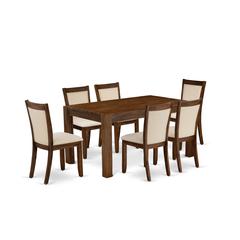 East West Furniture 7-Pcs Dining Set - A Wood Dining Table and 6 Light Beige Linen Fabric Mid Century Chairs with Stylish High Back - (Sand Blasting Antique Walnut Finish)