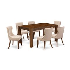 East West Furniture CNSI7-N8-04 7-Pc Dining Room Table Set- 6 Padded Parson Chairs with Light Tan Linen Fabric Seat and Button Tufted Chair Back - Rectangular Table Top & Wooden 4 legs - Antique Walnu