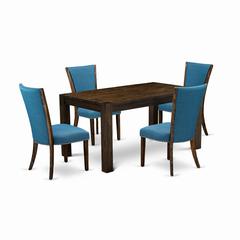 East West Furniture - CNVE5-77-21 - 5-Pc Dining Room Table Set- 4 Parson Chairs and Modern Rectangular Dining Table - Blue Linen Fabric Seat and High Chair Back - Distressed Jacobean Finish