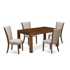East West Furniture - CNVE5-N8-04 - 5-Pc Modern Dining Table Set- 4 Parson Dining Chairs and Dining Room Table - Light Tan Linen Fabric Seat and High Chair Back - Antique Walnut Finish