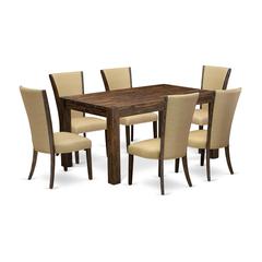 East West Furniture - CNVE7-77-03 - 7-Pc Modern Dining Table Set- 6 Parson Dining Chairs and Dining Table - Brown Linen Fabric Seat and Stylish Chair Back - Distressed Jacobean Finish