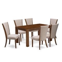 East West Furniture - CNVE7-N8-04 - 7-Pc Dining Room Table Set- 6 Parson Dining Chairs and Wood Dining Table - Light Tan Linen Fabric Seat and High Chair Back - Antique Walnut Finish