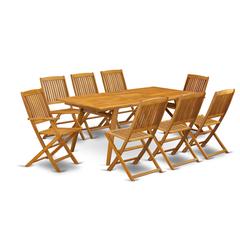 East West Furniture DECM92CANA 9-Piece Modern Table Set- 8 Arm Chairs with Slatted Back and Patio Table and Rectangular Top with Wooden 4 legs â€“ Natural Oil Finish